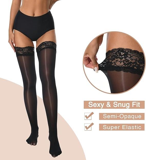 3 Pairs Shiny Wide Hem Stockings, Transparent Silk Thigh Socks, Soft Lace Top, Dual Layer Silicone, Perfect for Any