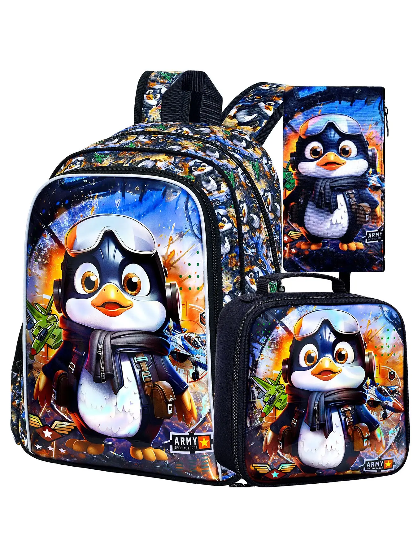 3 Piece Kids Backpack Set, Cute Penguin Pilot Design, Cartoon Pattern, Zip Closure, School & Daily Use, Includes Handbag & Pencil Case
