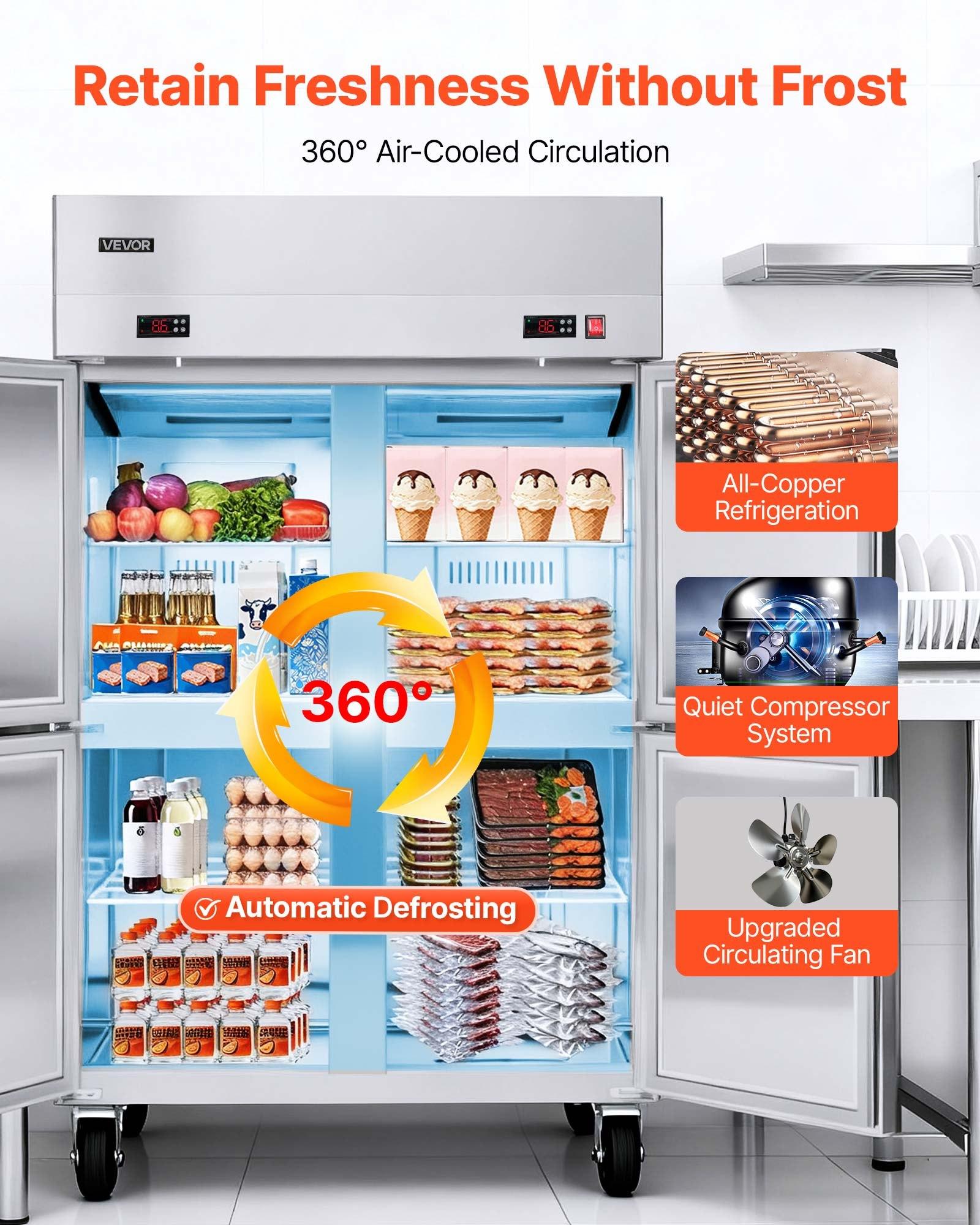 Commercial Refrigerator and Freezer Combo 48"W, 31 Cu. Ft Stainless Steel Upright Freezer/Refrigerator with 4 Doors, Auto-Defrost, 6 Adjustable Shelves, UL Certified