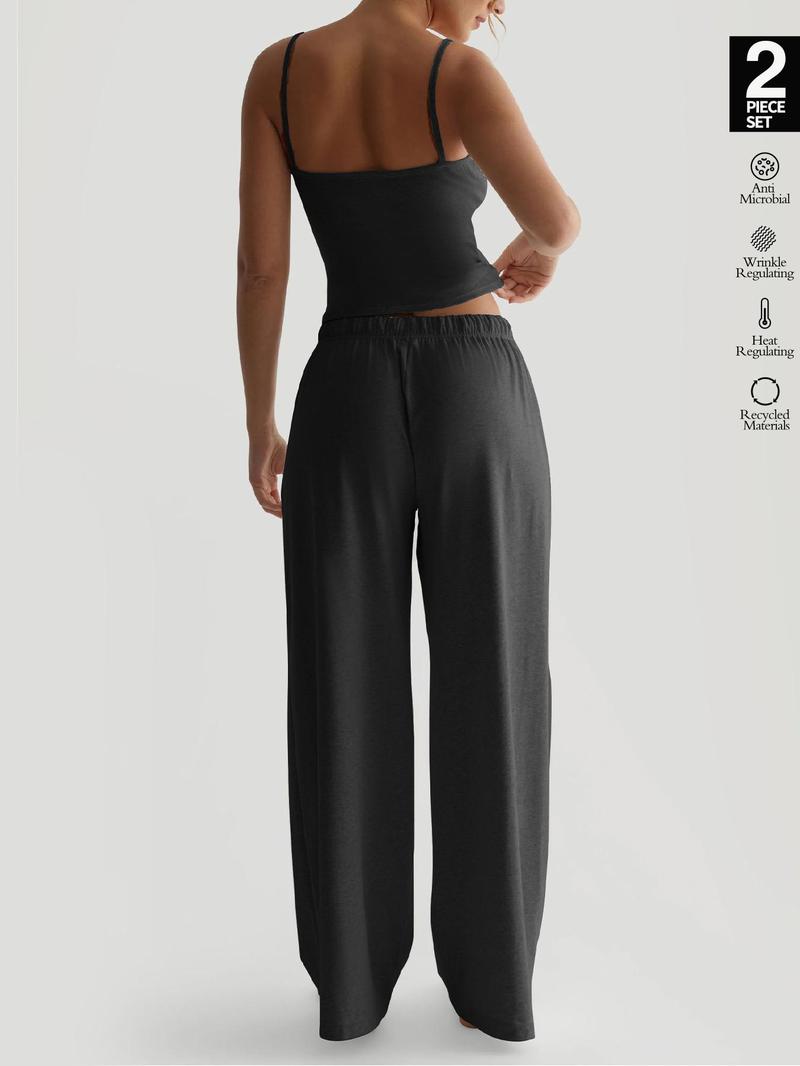 Women's Fall 2-Piece Set, Athleisure Wear Set, Sleeveless Top & Wide-Leg Pants, Casual Comfortable Sportswear with Pockets, All Seasons Fitted