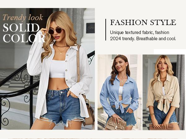 HOTOUCH Women‘s Button Down Shirts Casual Long Sleeve Dress Shirt Textured Collared Work Blouse Top with Pocket