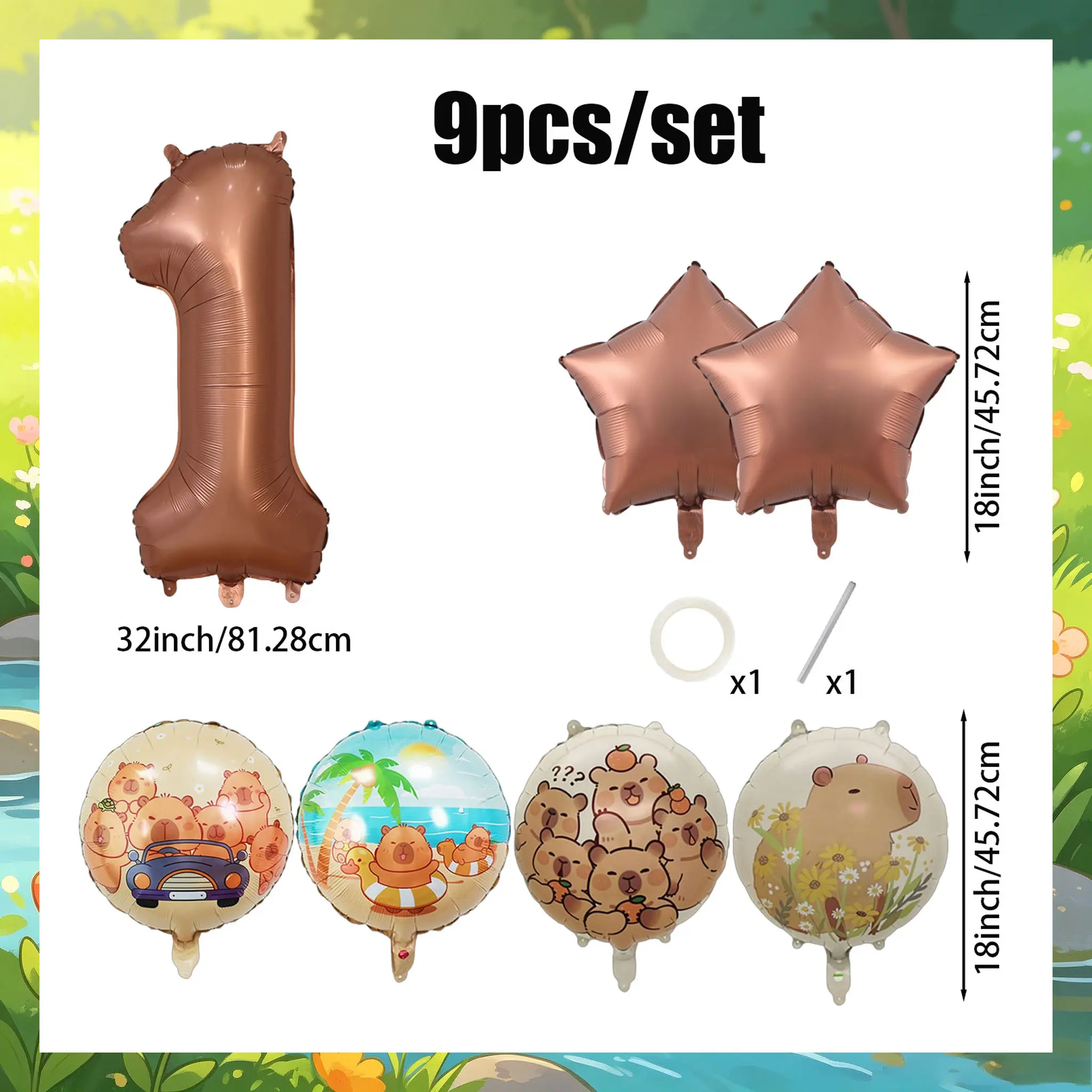 9-Piece Capybara Birthday Balloon Set, 32-Inch Chocolate Number, Shiny Star Aluminum Balloons, Party Decor, Kids Photo Props, Home Wall Decoration, Birthday Party Decorations