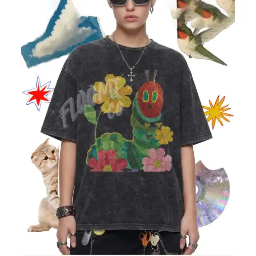 Caterpillar and Flower Tee | Vintage Washed Hoodie, Cyber Y2K Long Sleeve, Raw Edge Boxy T-Shirt, Acid Wash Cute Kidcore Kids Clothing