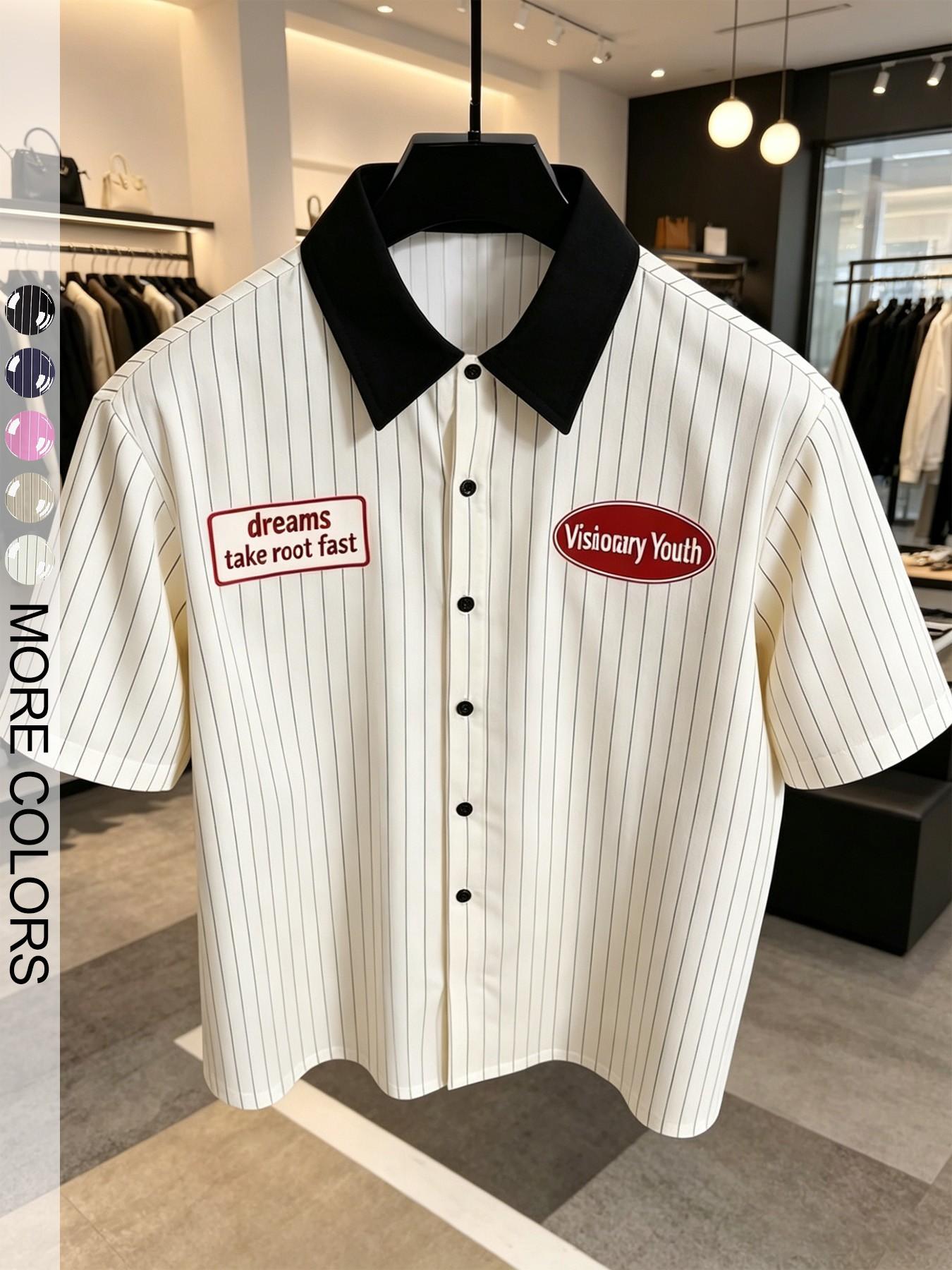 Vintage Plaid Patchwork Men's Short Sleeve Blouse, Loose Fit American Street Style Casual Top, Pop Art Print, with Button, with Collar
