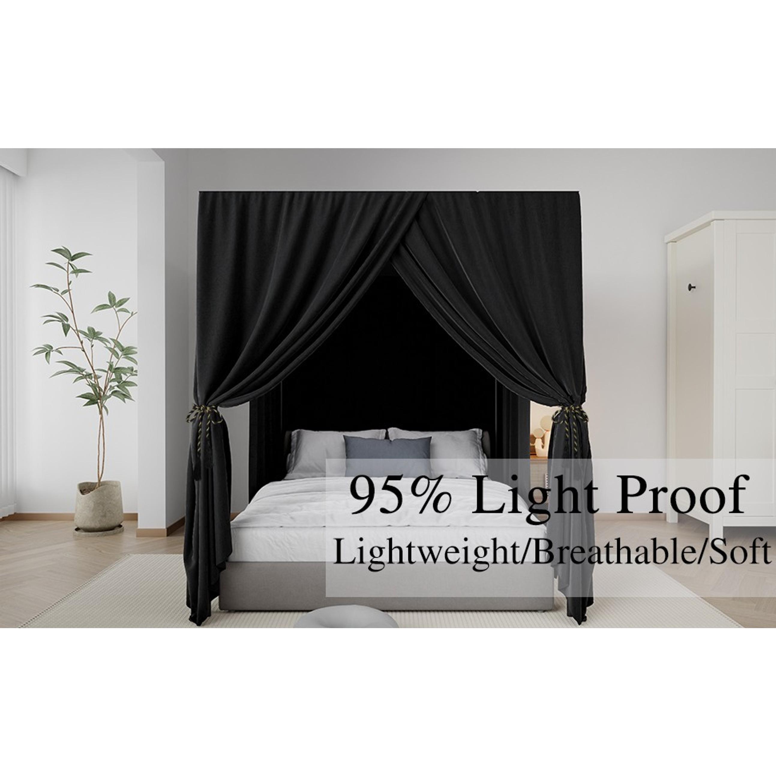 Black Canopy Bed Curtain 4 Corner Post Bed Curtains, Queen One-piece Integrated Canopy Bed Curtains Blackout Bed Canopy Curtain for Adults Girls Bedroom Decoration