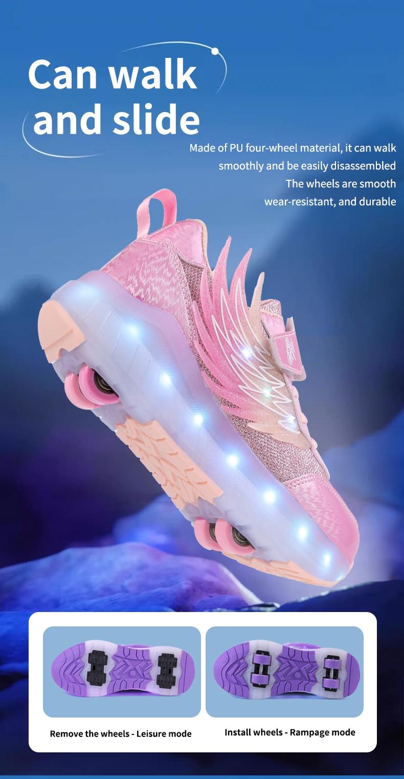Girls' LED Light-Up Roller Skates, USB Rechargeable, Detachable Wheels, Breathable PU Leather, All-Season Casual Shoes, Shoes with Wheels