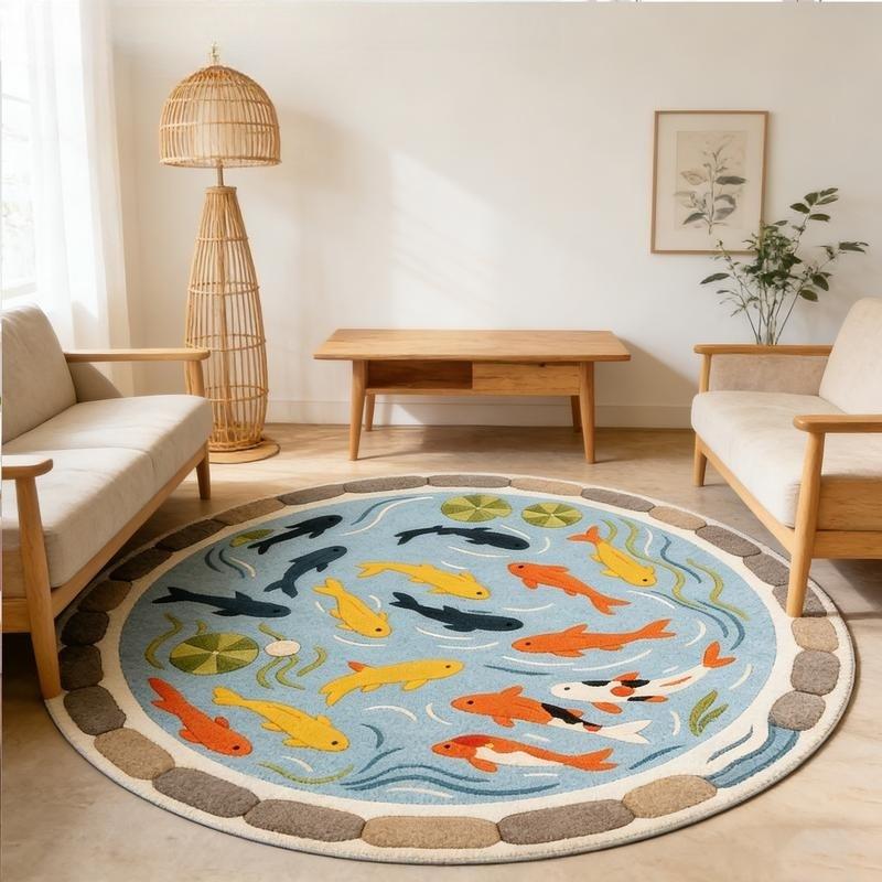 Cartoon Creative Sofa Coffee Table Carpet Good Luck Koi Bedroom Decoration Bedside Rug Large Area Round Living Room Modern Indoor Rug Washable Rug Fluffy and Soft Cloakroom Non-slip Carpet Light Luxury Bathroom Balcony Plush Floor Mat
