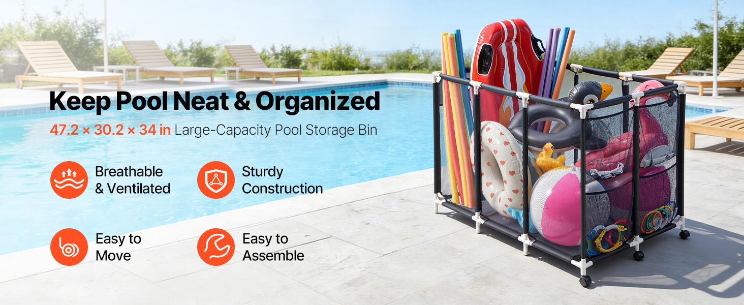 Summervibes VEVOR Pool Storage Bin, 47.2x 30.2x 34 in, Rolling Pool Float Storage Organizer with Side Pockets Casters, Heavy Duty Plastic Frame, Poolside Toys Noodles Holder Mesh Basket for Swimming Pools