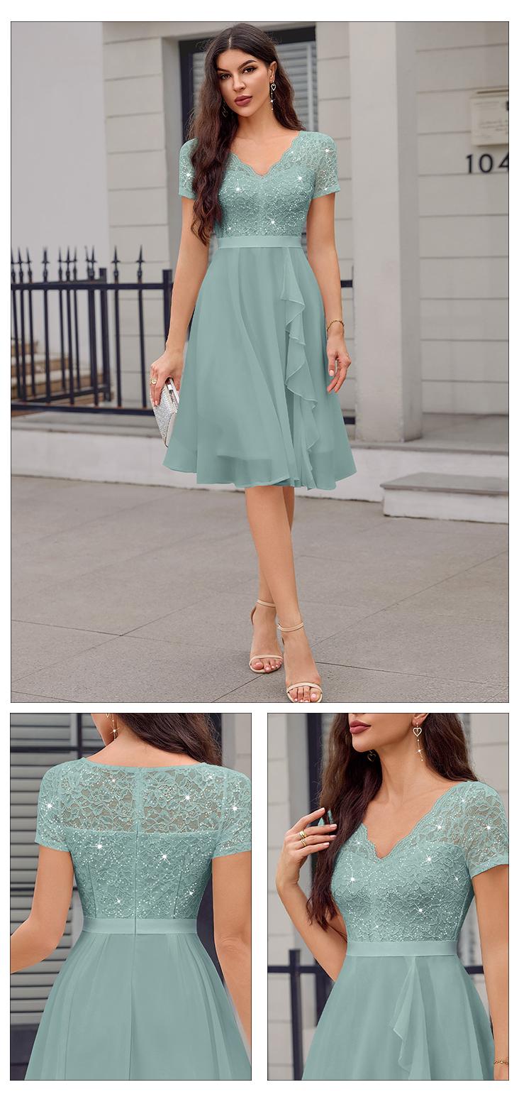 MIUSOL 24224 VNeck Contrast Lace Solid Shortsleeve Sequin Insert Ruffle Trim Chiffon Cocktail Party Swing Dress