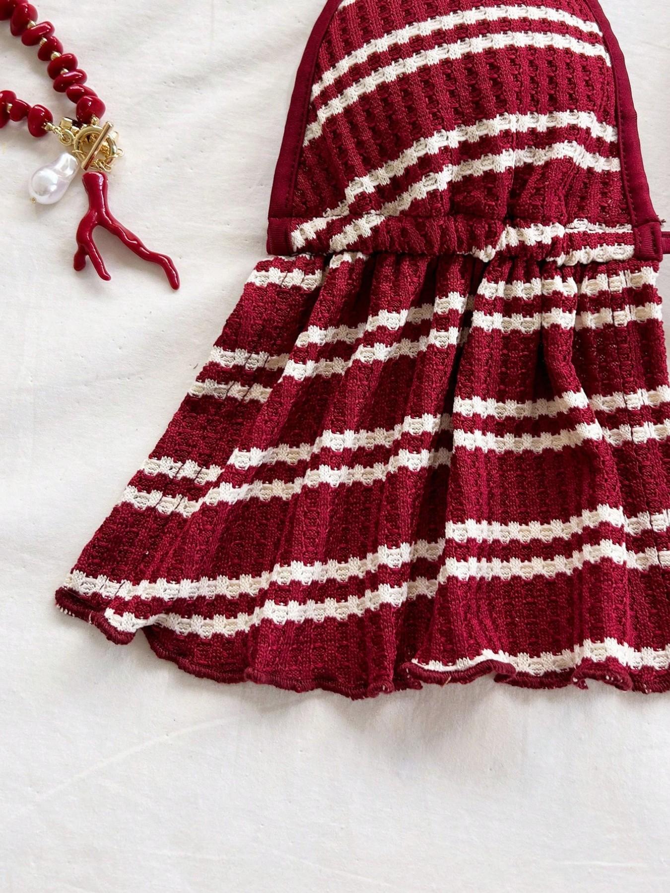 Vintage Red Striped Swimwear Set, Flounce Top & High Waist Bottoms For Summer Getaways & Casual Poolside Outings, Swimsuit Sets