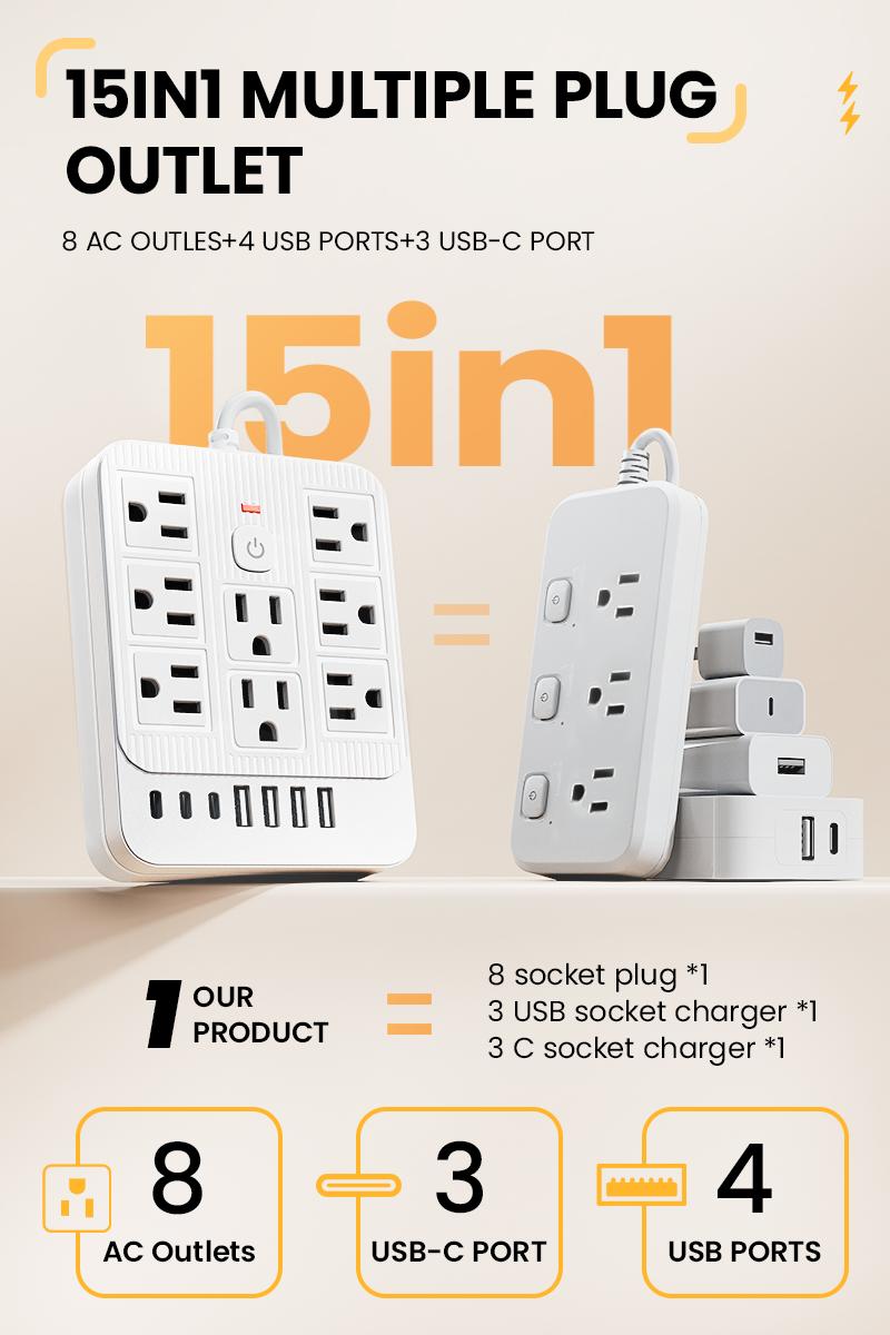 15-in-1 Power Strip with Switch & Surge ProtectionMultifunctional surge protector with 8AC Outlets 4 USB & 3Type-C USB Ports Socket for Office Home and Travel WallOutlet Extender Power Socket Expander electrica loutlet