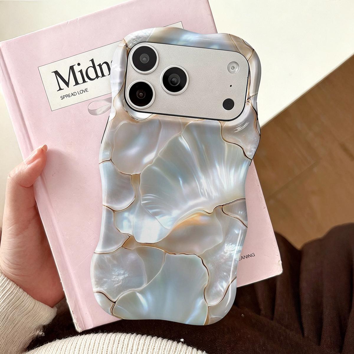 Shockproof Protective Smartphone Case for 6.1-6.7" Phones, Dual PC+TPU Blend with 2D Pearl Shell Ginkgo Leaf Golden Line Print, Marble Design, Camera Cover, Wavy Curved Raised Edges, Glossy Finish, Non-Slip, Easy Installation, Aesthetic Boost