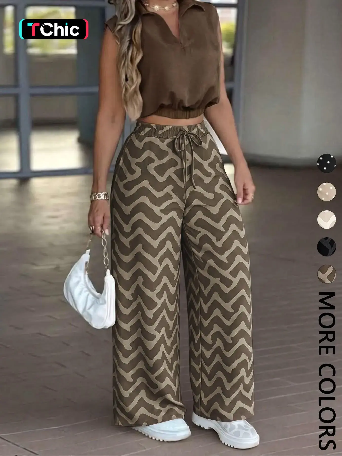 Women's 2-Piece Casual Office, Lightweight Sleeveless Collared Short Top + High-Waisted Adjustable Drawstring Wide Leg Pants, Daily Wear Essential Set