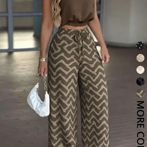 Women's 2-Piece Lightweight Casual Office Sleeveless Collared Short + High-Waisted Adjustable Drawstring Wide Leg Pants, Daily Wear Essential Set