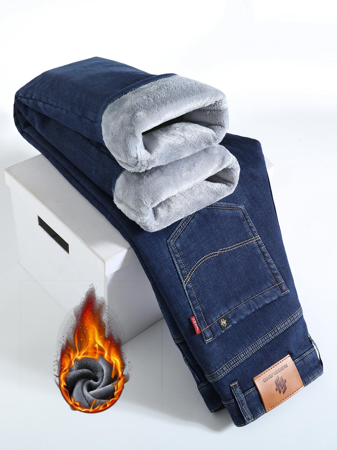 Men's Thickened Winter Fleece Jeans, Hi Rise Jeans, Loose Straight Leg High Waist Casual Elastic Pants, Warm Long Denim Trousers for Fall & Winter