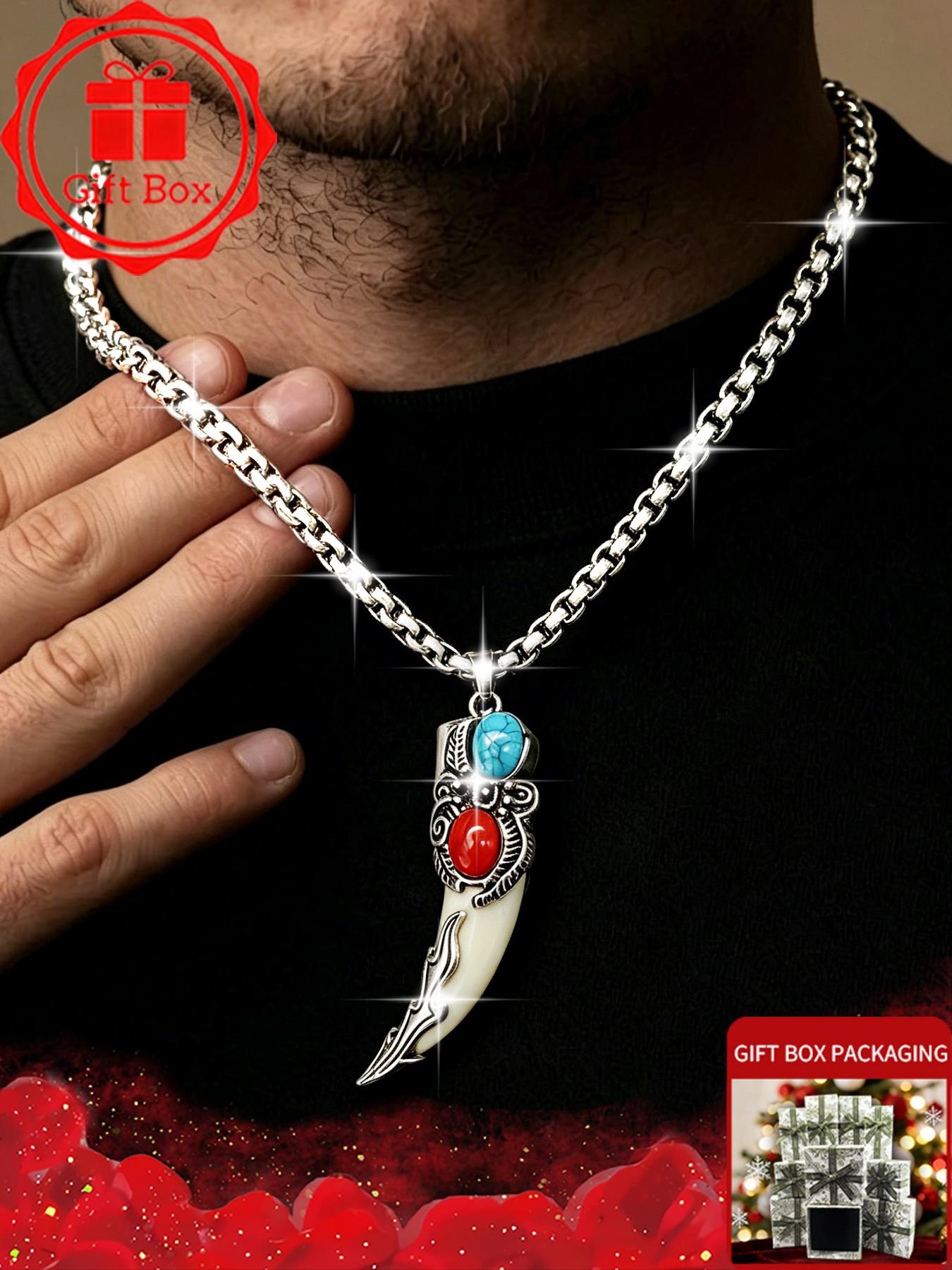 Vintage Viking Wolf Tooth Shaped Pendant Necklace, Durable 304 Stainless Steel Link Chain, Ethnic Tribal Indian Faux Turquoise Coral Stone Necklaces for Men, Cool Boy Punk Rock Biker Jewelry Accessories, Birthday Christmas Gift Present.