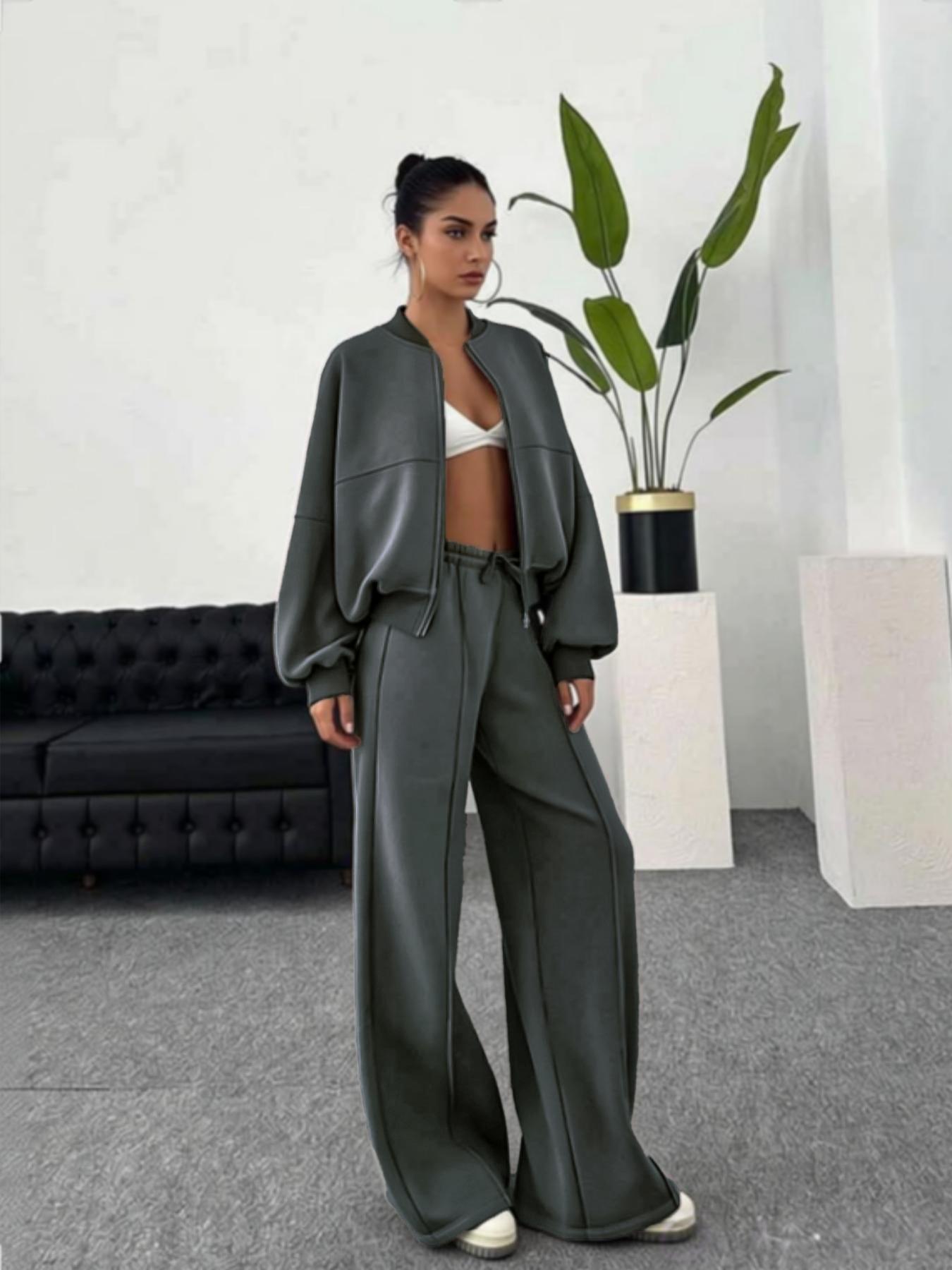 Women's Casual Basic Long Sleeve Zipper Short Jacket and Pants