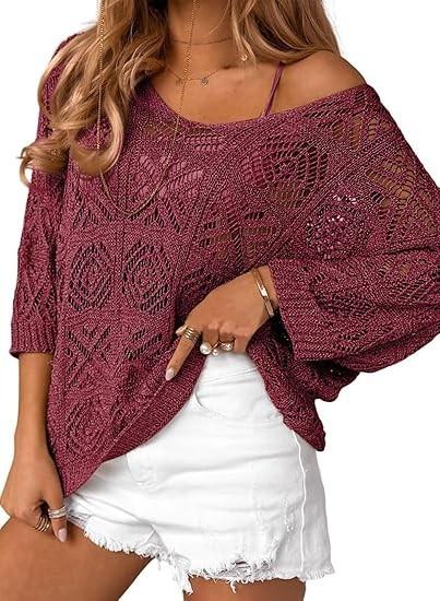 Women's Spring/Summer Crochet Hollow Out Three-Quarter Sleeve Pullover Sweater Batwing Sleeve Vacation Style Intellectual and Gentle Style