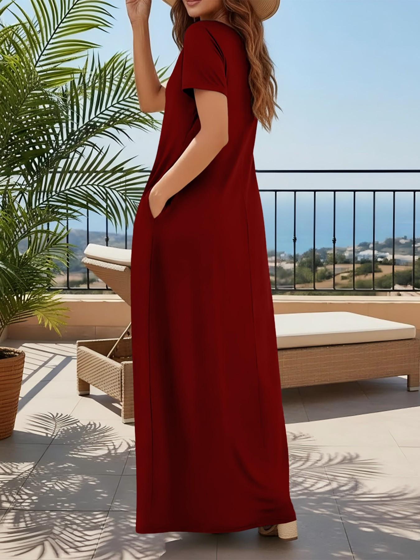 Plus Size Women's Summer Casual Chic Vacation Style Loose Long Dress, 11 Colors Available, Pocket Design Comfortable Breathable Lazy Dress