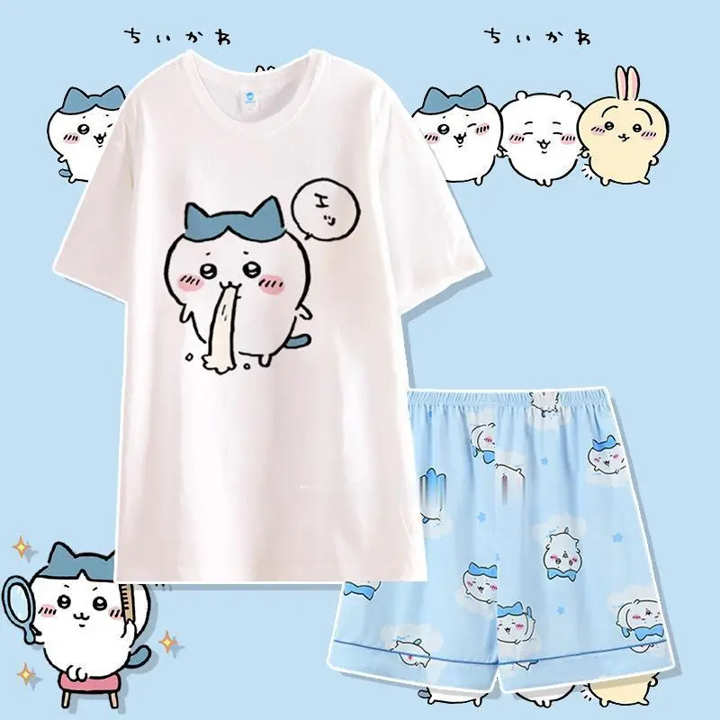 Anime Usag Hachiware 2-Piece Pajama Set, Round Neck Loose Long-Sleeved Loungewear with Cute Cartoon Patterns, Thin Fabric Summer Nightwear for Household Use, Clothes, Outdoors, Pyjamas, Women, Casual, Loose-Fitting, Polyester