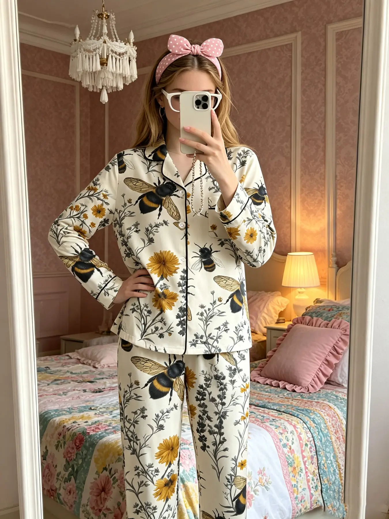 Women's Pajamas Set Vintage Bee Floral All Over Print Honeybee Botanical Pattern Contrast Piping Long Sleeve Button Down Chest Pocket 2 Piece Soft Comfy Breathable Sleepwear Relaxed Fit Casual Loungewear Lightweight Nightwear Home Wear