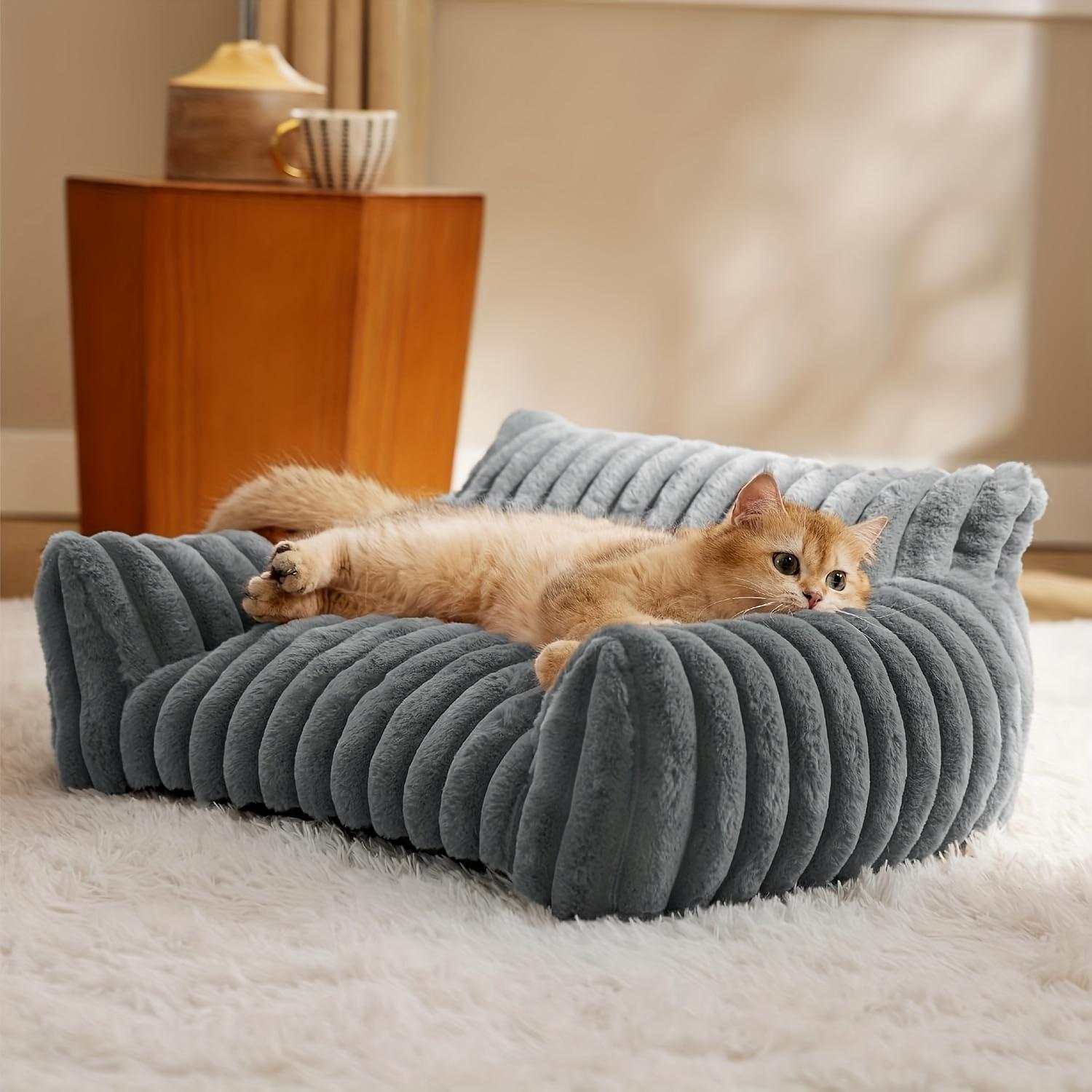 Pet Cat Sofa Bed, Fluffy Cat Bed Made of Soft Corduroy Fabric, Plush Indoor Cat Couch Sturdy Support Without Sagging