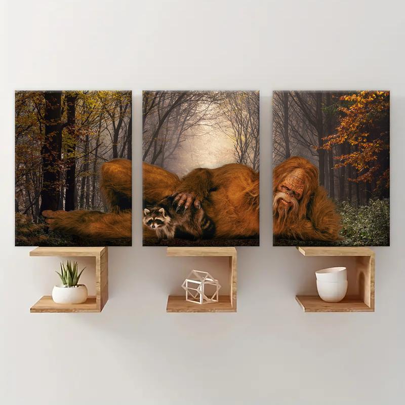 Wooden Framed Canvas Painting, 3 Counts/set Sasquatch & Animal & Tree Pattern Wall Art, Modern Wall Decor for Home Living Room Bedroom Office, Modern Home Decoration