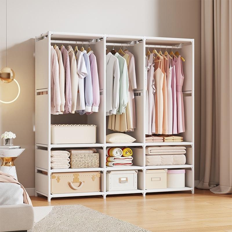 Wardrobe with clothes rod and storage shelves, standalone portable storage cabinet, easy-to-assemble fabric clothing organizer storage cabinet, sturdy metal frame, suitable for bedrooms, walk-in closets, apartments, dormitories, and small spaces
