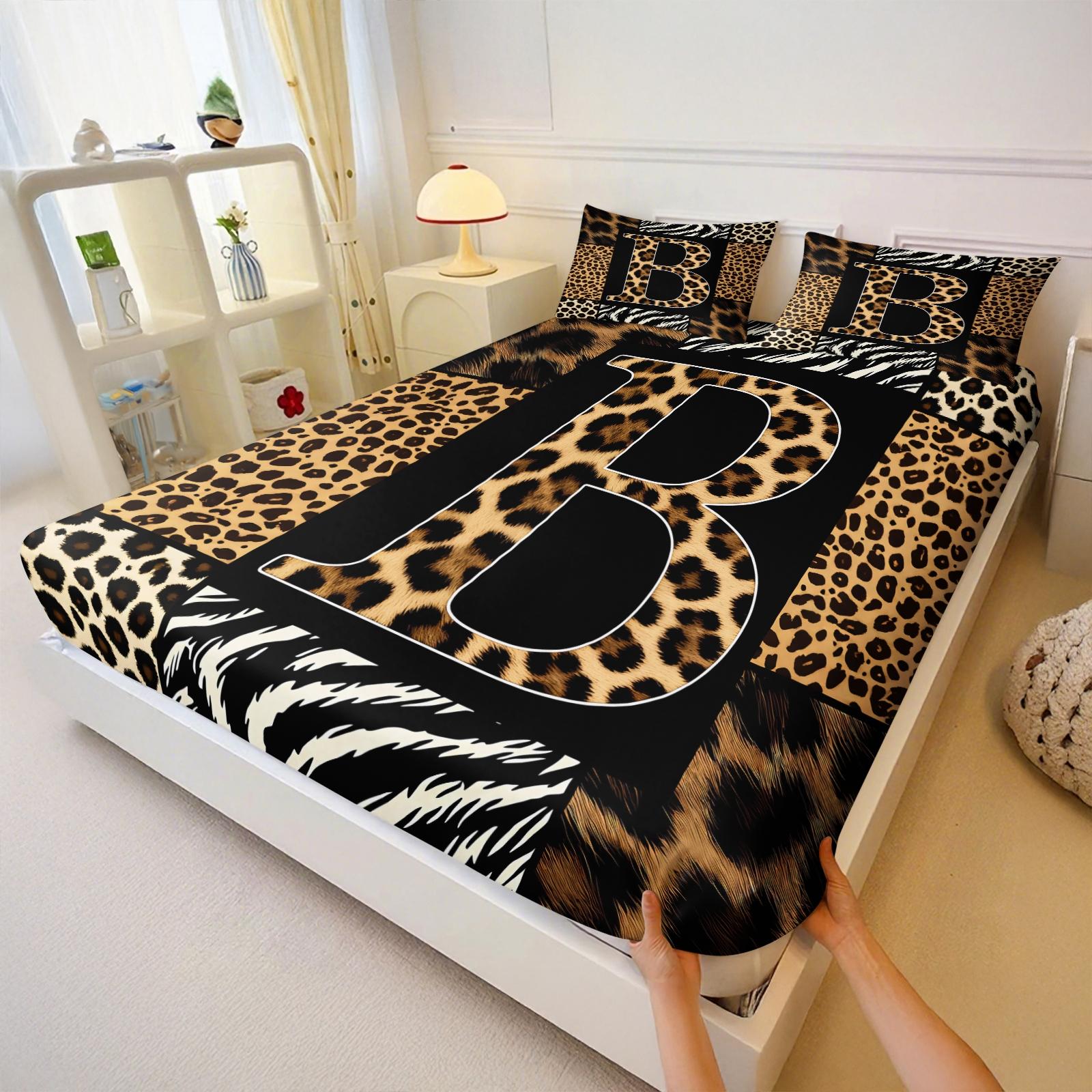 3Pcs Trendy Wild Leopard Zebra Patchwork Letter A-Z Fitted Sheet Set No Fillers, Animal Print Bed Sheet Set, Stylish Modern Bedding Set with Pillowcases, Deep Pocket Bedding for Women Girls Bedroom Decor