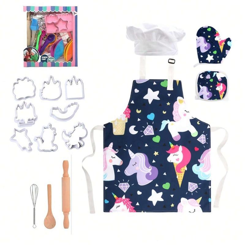 Unicorn Apron Set with Gloves Chef Hat and Baking Tools, Polyester Kitchen Apron, Perfect Holiday Gift, Colorful Chef Clothing Set