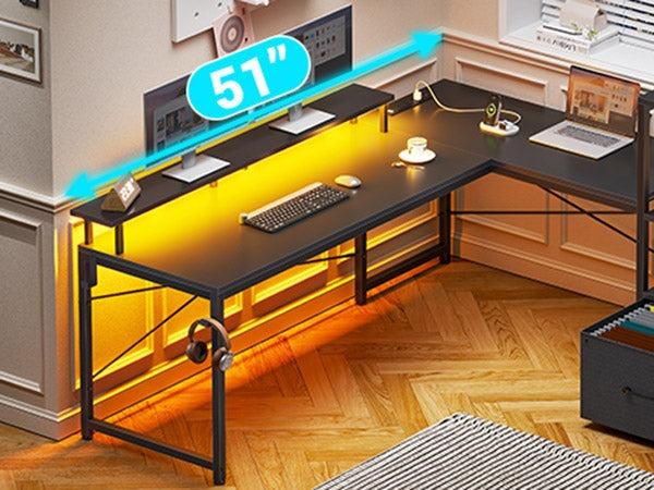 Sikaic 51 Inches Reversible LED Lights L Shaped Gaming Desk With Power Outlets & Fabric File Drawer Monitor Stand And Hooks Computer Modern