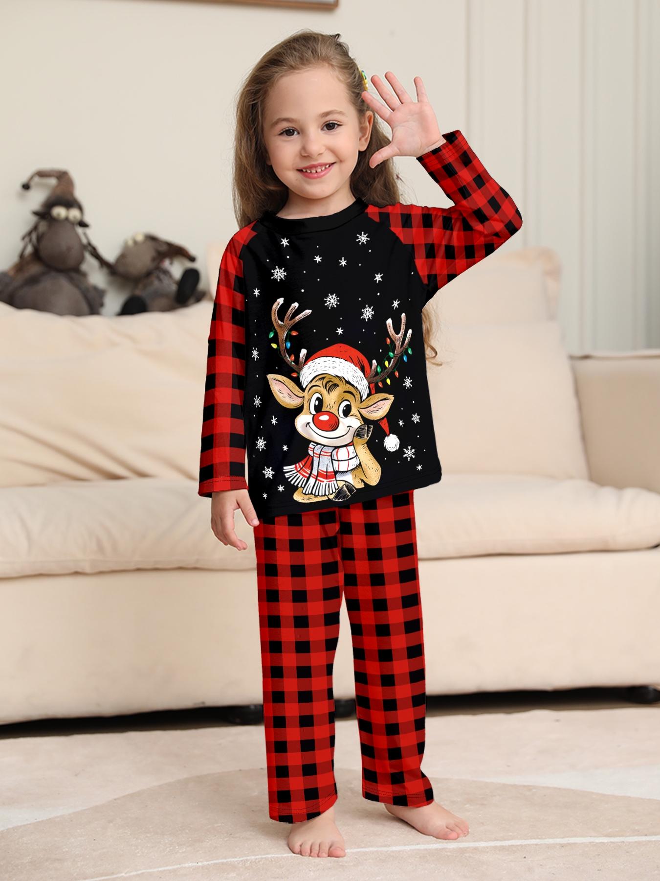 Plaid Reindeer Christmas Pajama Set, Cartoon Deer Print, Soft Long Sleeve Sleepwear, Family Matching, All Seasons