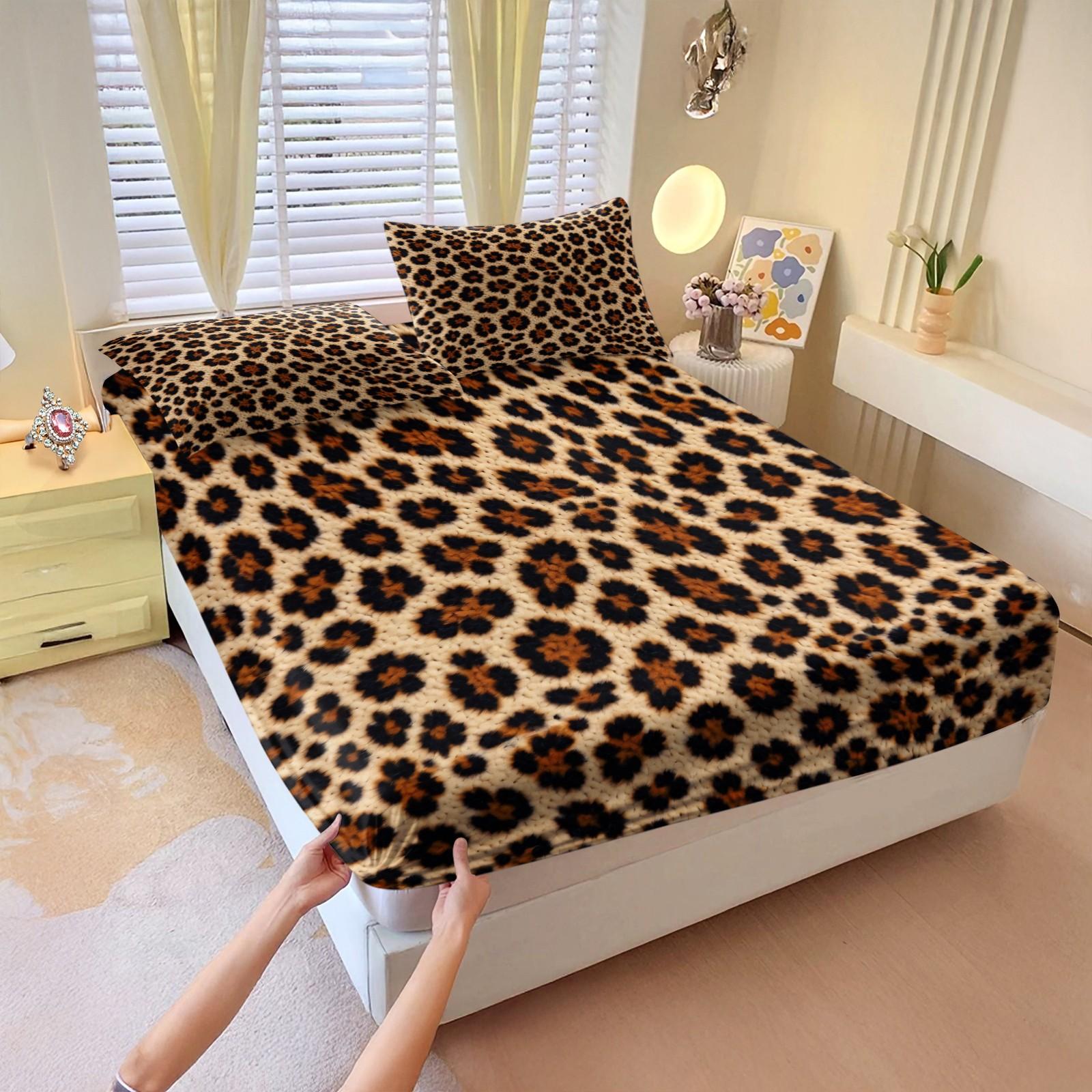 3Pcs Leopard Print Fitted Sheet Set, Retro Luxury Bedding Set, Soft and Breathable Fabric, Deep Pocket Design, Easy to Clean, Ideal for Fashionable Young Women's Bedroom Decor