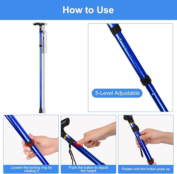 5-Section Folding Cane, Lightweight Adjustable Portable Walking Stick for Balanced Mobility, Stylish Hiking Gear for Men and Women, Hiking Stick Pole