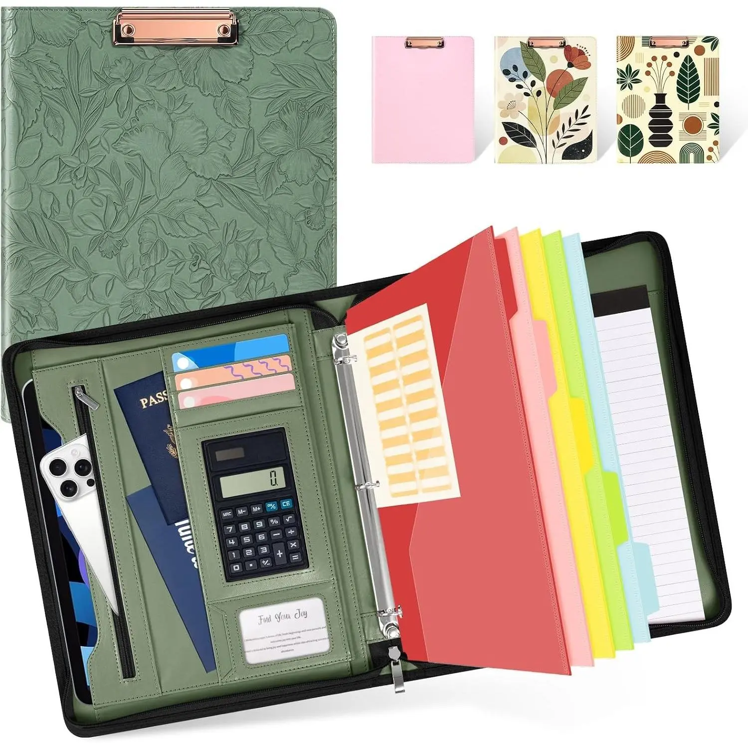 Green Leather Portfolio Binder 3 Ring, Zippered Clipboard Folder with Storage - 5 Dividers with Pocket, Padfolio for Women,12.1” Tablet Sleeve, Refillable Notepad, Card Slot