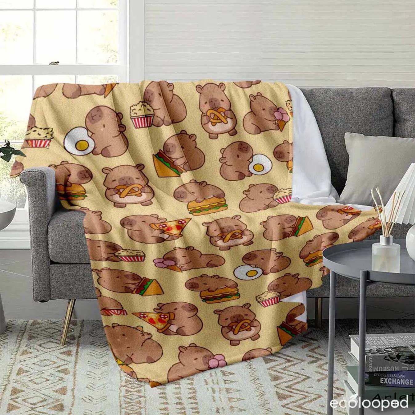 Cute Capybara Foodie Snack Print Flannel Blanket Ultra Soft Cozy Throw for Sofa Bed Travel Camping Home Decor Gift for Birthday & Housewarming