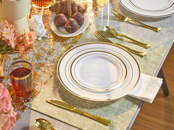 Kerilyn 350/700 Pieces Gold Dinnerware Set - 100 Guests Clear Disposable Dinnerware Set for Party, Wedding, Include: 200 Clear Plates with Gold Trim, 100 Cups, 100 Napkins, 100 Plastic Silverware Sets