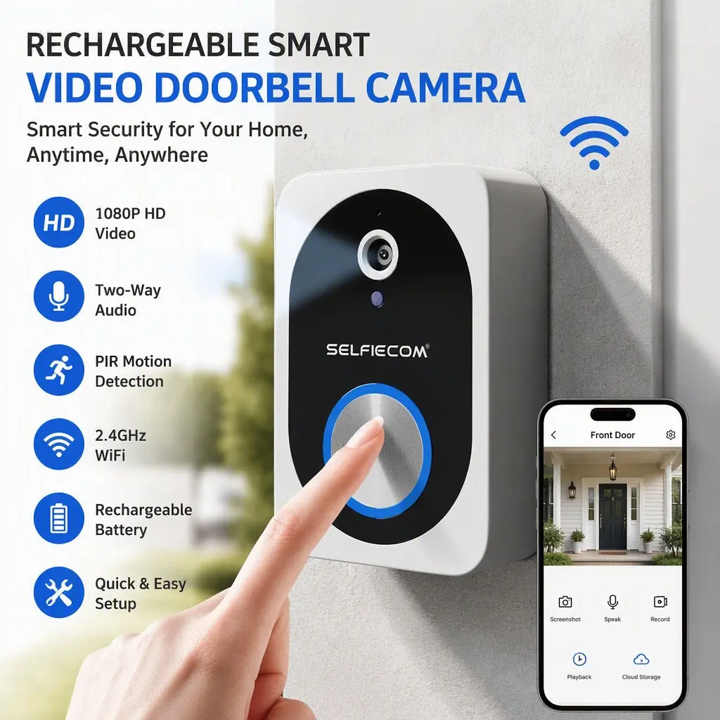 Rechargeable Smart Video Doorbell with App Control, Wireless WiFi Connection, Two-Way Voice Talk, Motion Detection Alerts & Quick Easy Setup