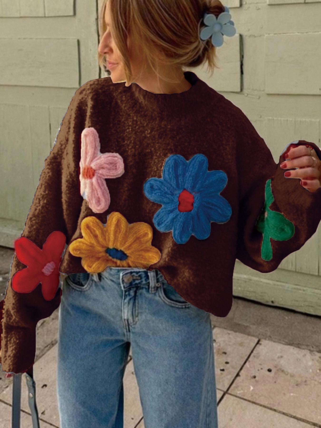Plus Size Colorblock Floral Embroidered Drop Shoulder Sweater Pullover Knitwear, Casual Long Sleeve Mock Neck Jumper for Fall & Winter, Women's Plus Clothing for Daily Wear