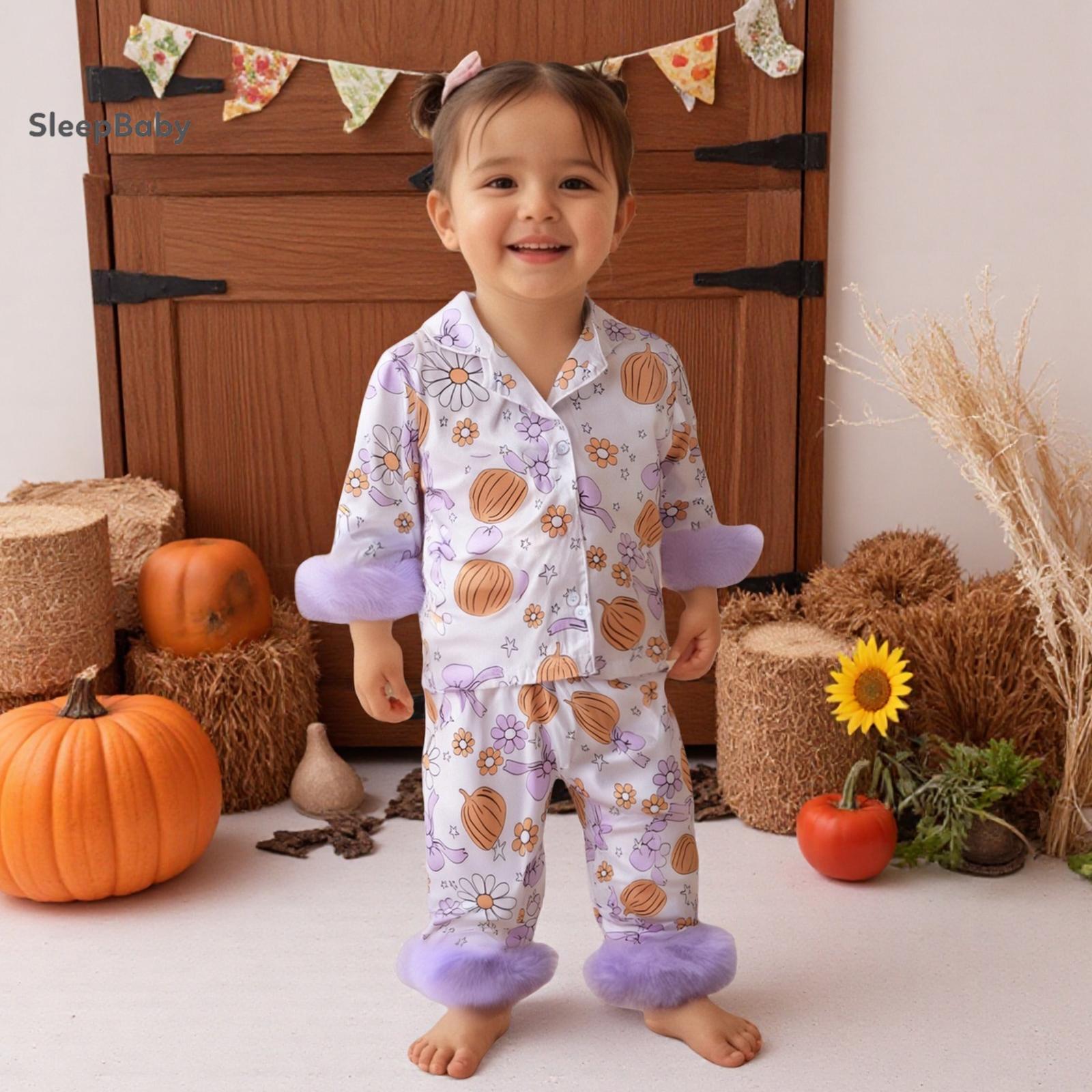 Halloween Cute Cartoon Ghost Pumpkin Print Kids Halloween Satin Pjs 2 Colors Pink Purple Fluffy Fur Cuff Lapel Long Sleeve Two Piece Toddler Girls Daily Holiday Matching Sleep Set Halloween Cute Cartoon Ghost Pumpkin Print Kids Halloween Satin Pjs 2 Colors Pink Purple Fluffy Fur Cuff Lapel Long Sleeve Two Piece Toddler Girls Daily Holiday Matching Sleep Set