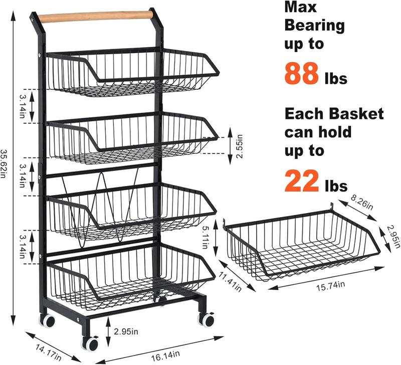 4-Tier Storage Cart with Wheels Rustproof Snack Cart Adjustable Vegetable Fruit Rack Rolling Pantry Utility Kitchen Cart with Solid Wood Handle Detachable Fruit Baskets 360°Movable Organiser