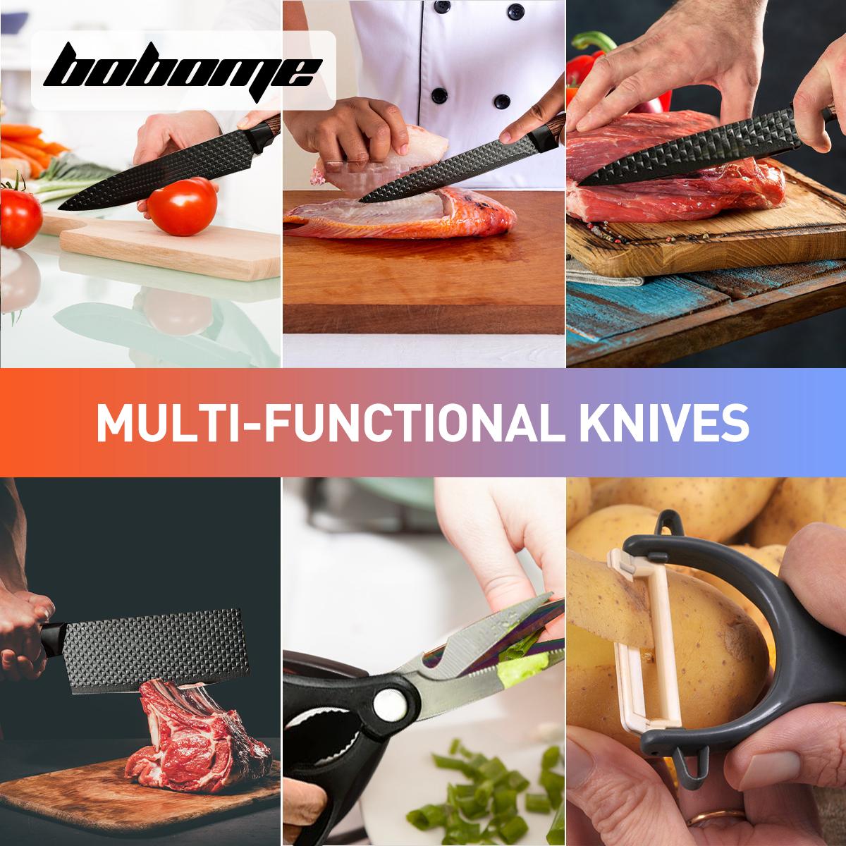 6 Piece Kitchen Knife Set - Chef Knife Set with Non-Stick Stainless Steel and Ergonomic Wood Handle - Kitchen Knives, Block Knife Block Wooden