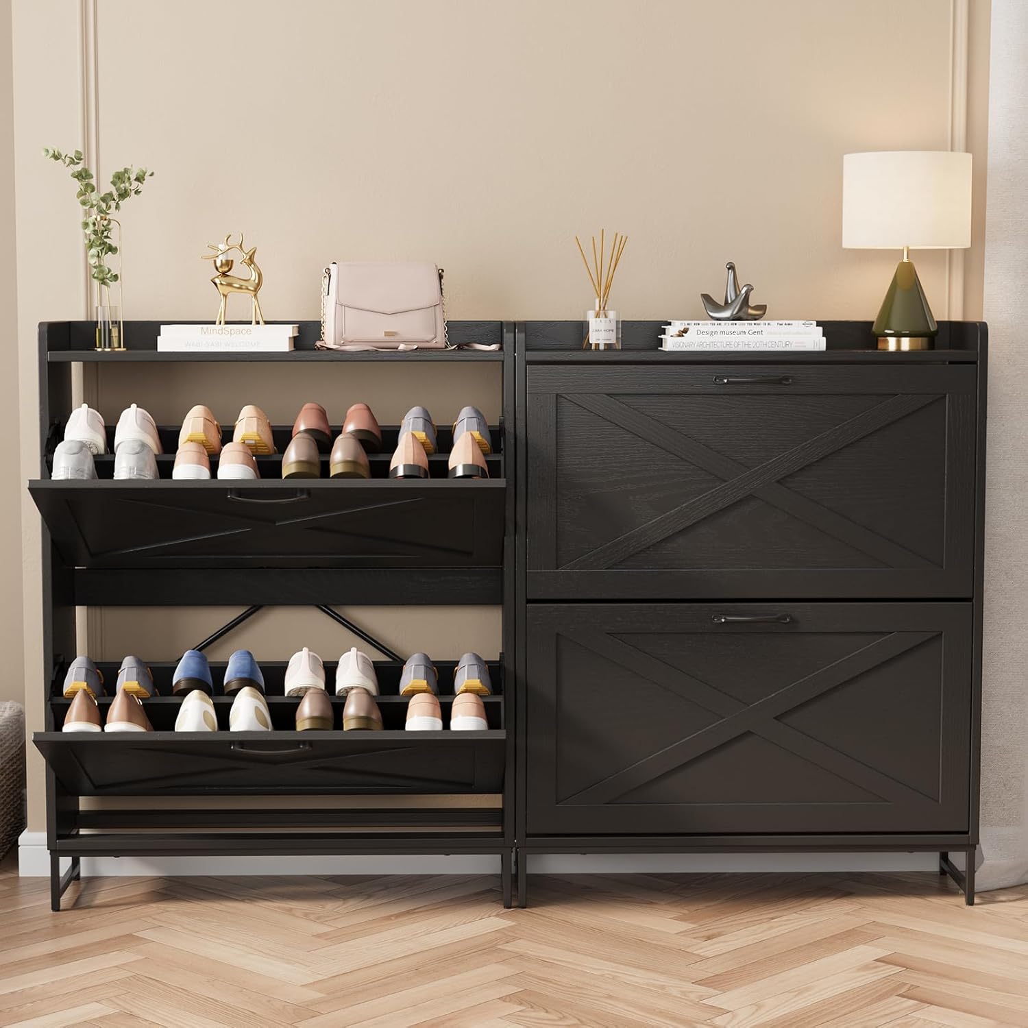 VOWNER Farmhouse Shoe Storage Cabinet with 2 Flip Drawers, Freestanding Organizer with Metal Legs for Entryway, Narrow Shoe Rack Cabinet