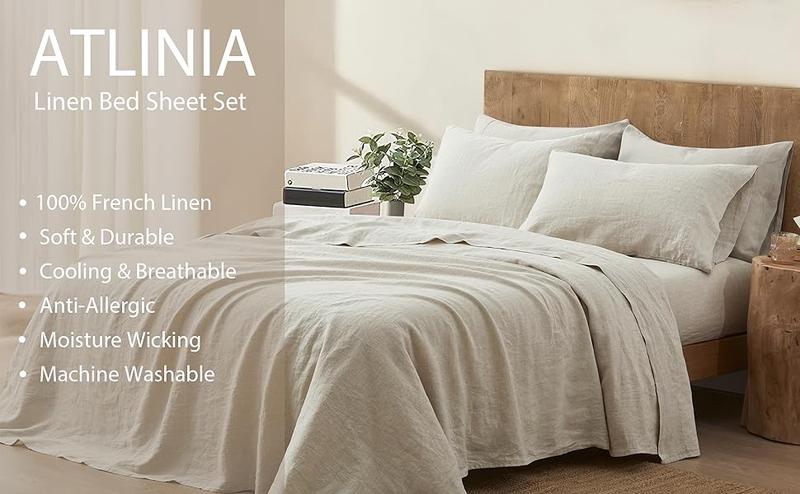 ATLINIA 100% Linen Sheet Set French Flax Farmhouse Style Bedding Including 1 × Flat Sheet & 1 × Fitted Sheet & 2 Pillowcases