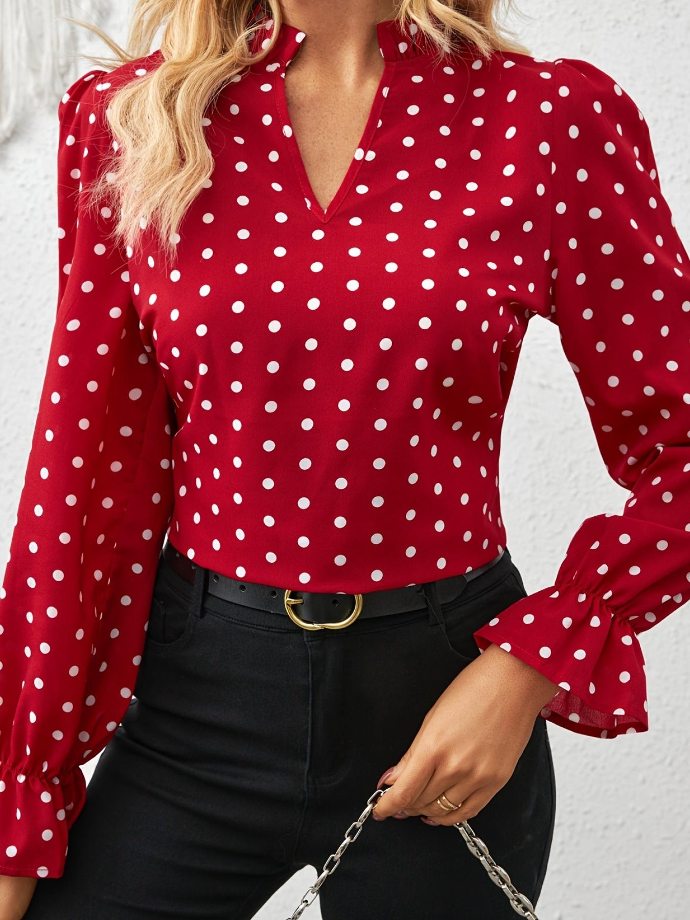 A women's fashion new style top featuring a stand collar with a small V-neck design, ruffled trim, and red polka dot pattern, with a stand colbell sleeves; suitable for retro commuter style, date night looks, and various other outfits.