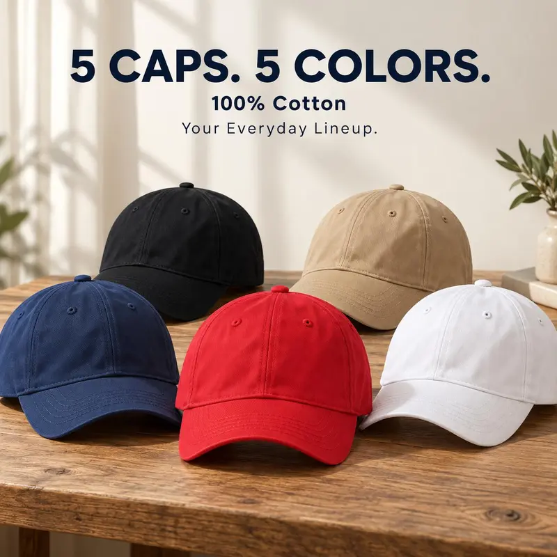 Unisex 5pcs/set 100% Cotton Low-Profile Plain Baseball Caps - Elastic Breathable, Solid-Colored Ventilated, Durable Adjustable Strap Buckle (54-62cm) for Driving, Beach, Sports Outdoor Hats
