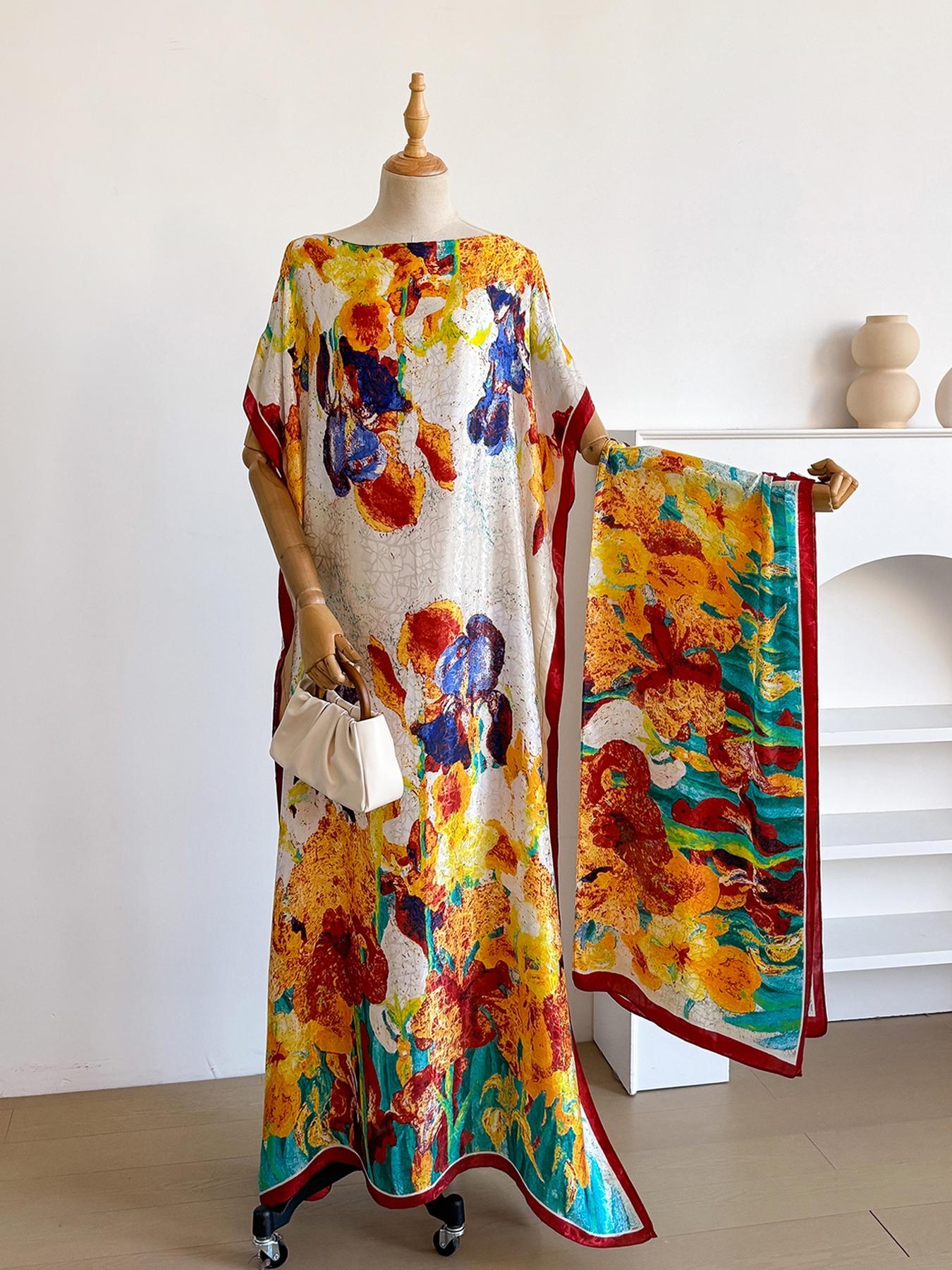 Women's Colorblock Print Long Scarf & Poncho Set, Casual Soft Comfortable Shawl for Beach Vacation, Fashion Accessories for Women & Girls