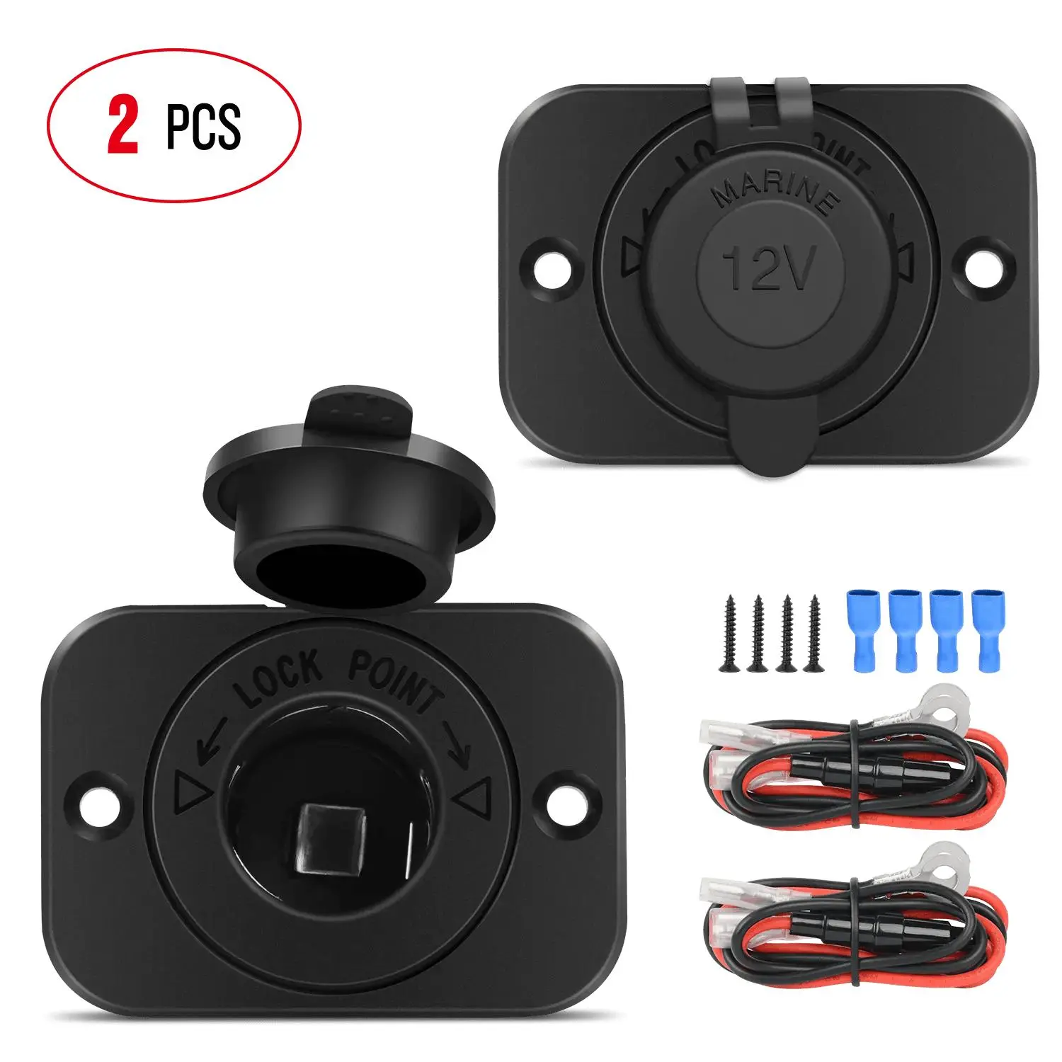 Nilight 2Pcs 12-24VDC Black Plastic Fuse-Protected Waterproof Marine Outlet Plugs - Boat Accessories, Over-Heat/Overload Safe Power Socket, Portable Cigarette Lighter Charging Port with Screws, Plug-In Connector for Car/Motorcycle