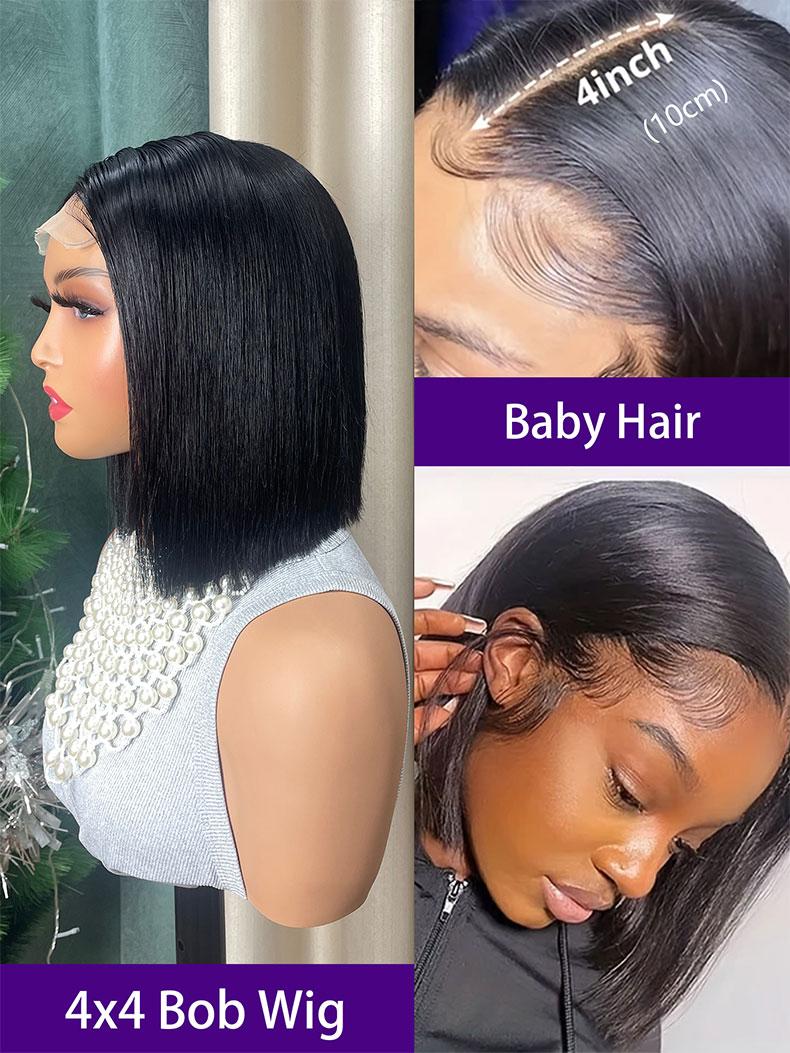 Human Hair Double Drawn Bob Wig, 4x4 Lace Frontal Pre-Plucked Natural Hairline with Elastic Band, Human Hair Short Straight Blunt Cut Wigs for Women,10 inch