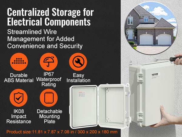 VEVOR Outdoor Electrical Junction Box, 11.81x 7.87x 7.08 in, ABS Plastic Electrical Enclosure Box with Hinged Cover Stainless Steel Latch, IP67 Dustproof Waterproof for Outdoor Electrical Projects